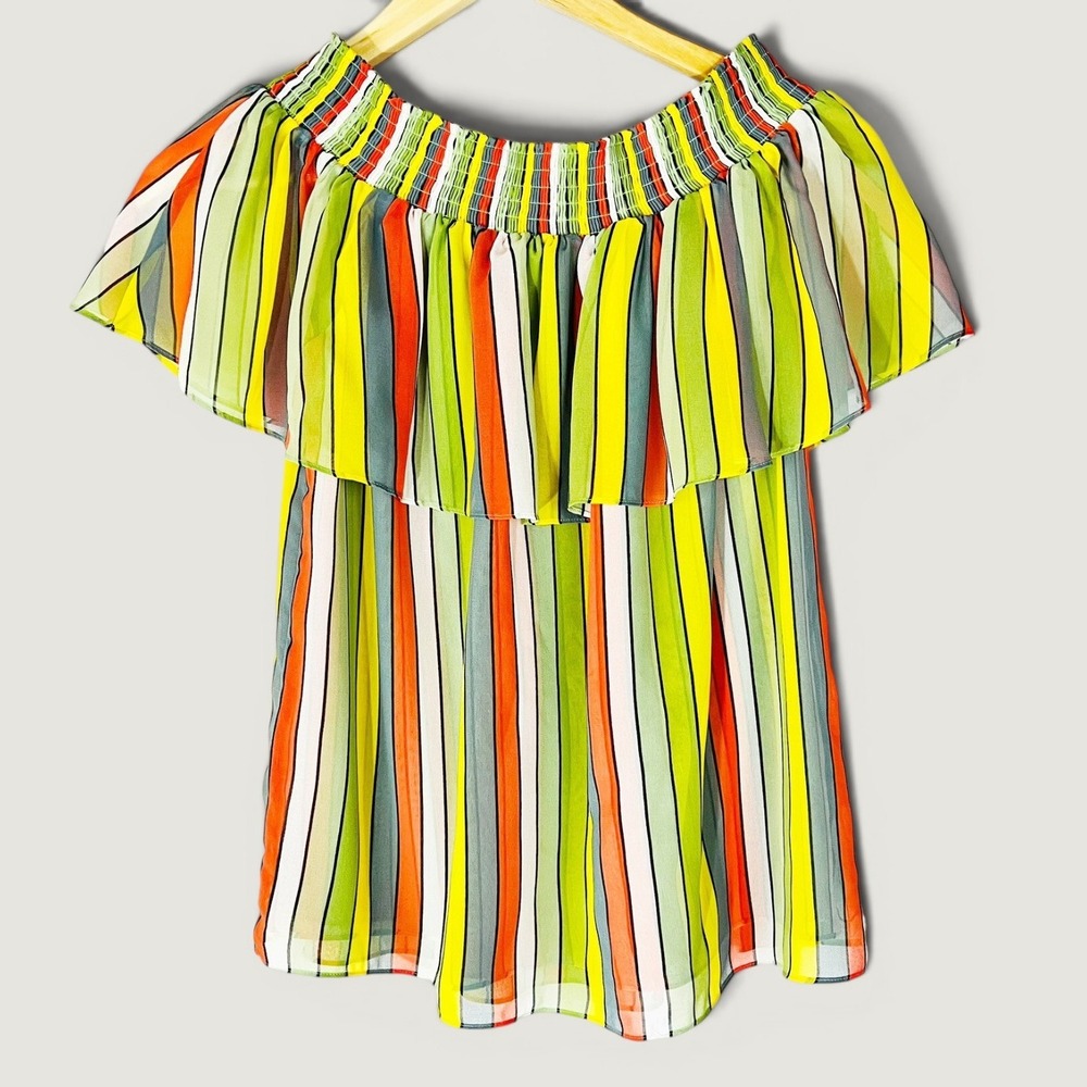 Cabi Carnival Top Off the Shoulder Striped Ruffle Smocked Blouse Top S Coastal